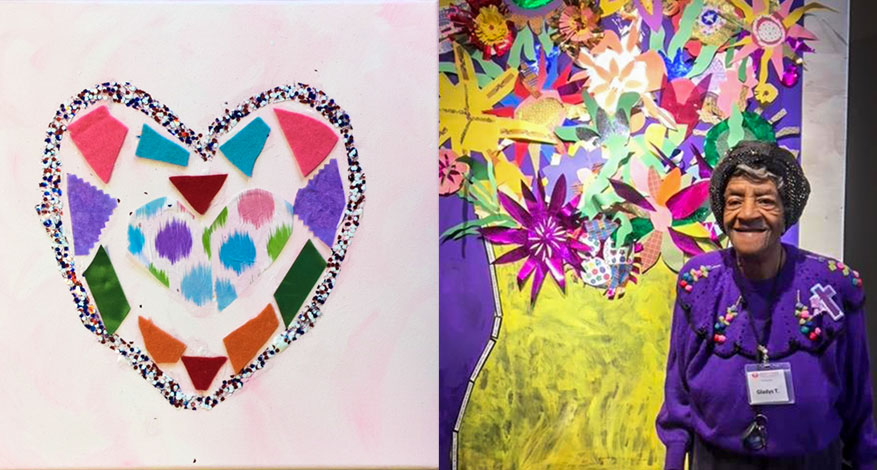 A colorful heart-shaped collage made with fabric and confetti is on the left. On the right, an elderly woman—one of the people we serve—smiles in front of a vibrant wall display of paper flowers and decorations.