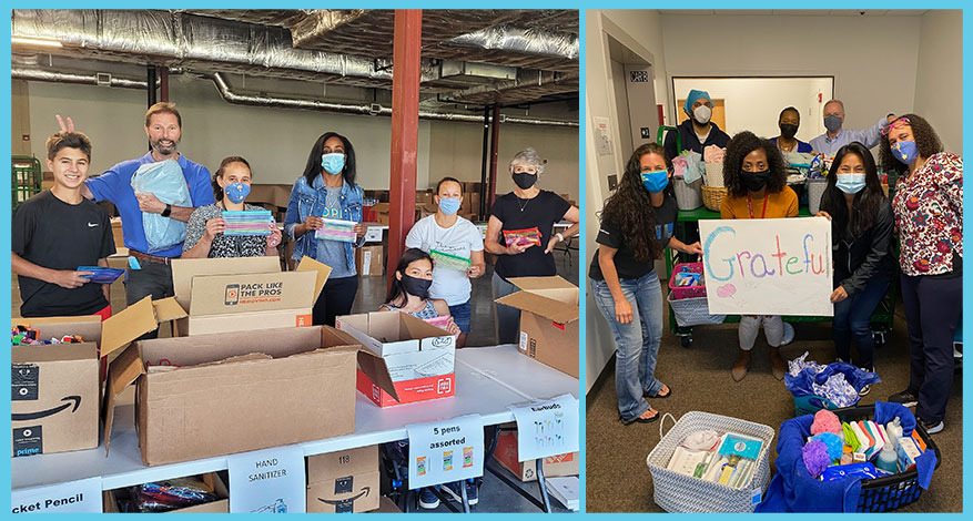 Volunteers wearing masks sort and pack supplies, creating connections as they work. On the left, they stand with boxes of school items; on the right, a group poses with a Grateful sign and baskets of donated goods, ready to impact lives.