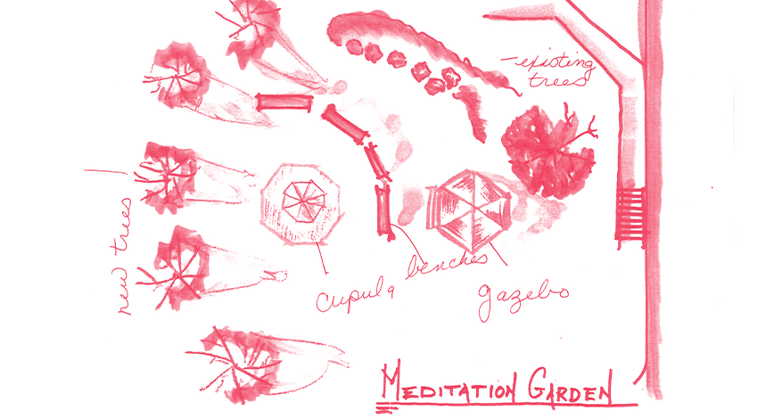 Hand-drawn garden plan for Mercy Care Rome's Meditation Garden, showing new trees to grow 2022, existing trees, benches, a gazebo, circular pathways, and stepping stones—all sketched in pink ink.