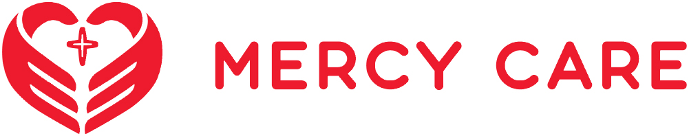Red logo with two hands forming a heart shape, with a cross in the center. Next to the image are the words MERCY CARE in bold, red letters.