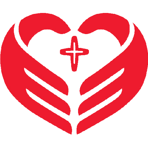 A red heart-shaped logo with stylized hands forming the bottom half and a cross at the center, all on a black background.
