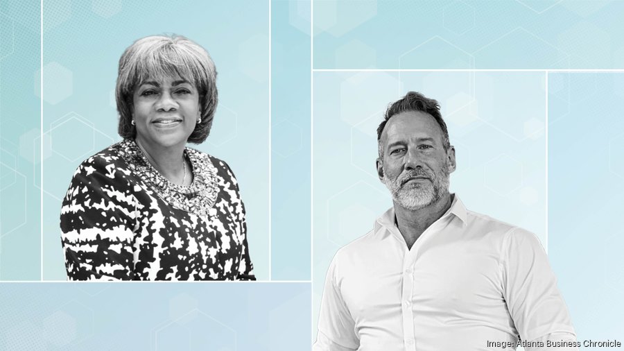 Two people in separate frames: on the left, Dr. Monica Parker with short hair, a patterned jacket, and necklace; on the right, a man with short hair and a beard in a light button-down, both set against a light blue geometric background for Mercy Care Street Medicine.